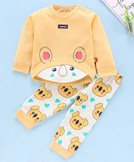 Wow Clothes Full Sleeves Tee and Lounge Pant Set Koala Print - Yellow