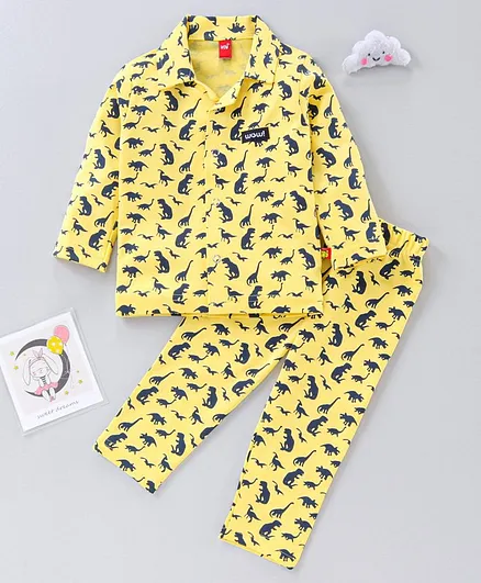 WOW Full Sleeves Pyjama Sets Dino Print - Lemon