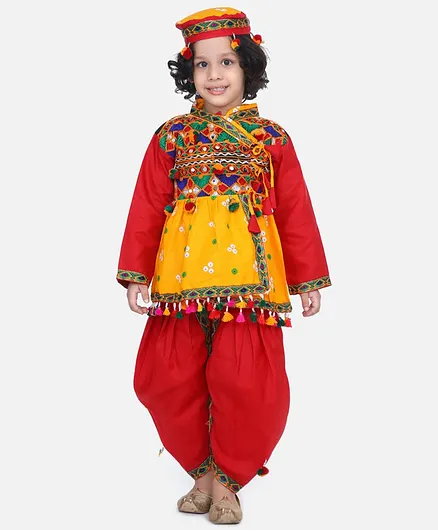 BownBee Full Sleeves Tasselled & Embroidered Kurta With Dhoti & Cap Navaratri Style - Yellow