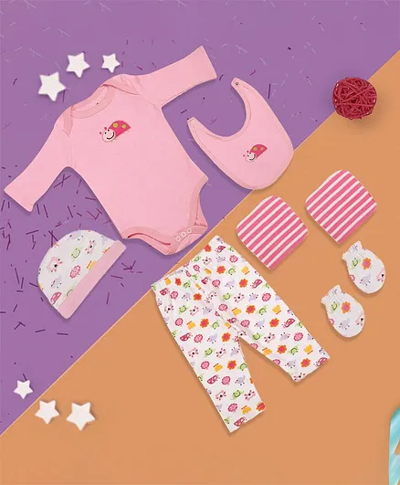 Baby Moo Gift Set Of Full Sleeves Onesie With Pajama & Cap With Bib & Mittens With 2 Napkins - Pink