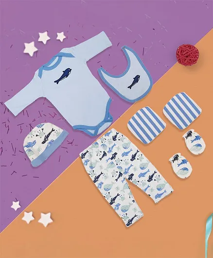 Baby Moo Gift Set Of Full Sleeves Onesie With Pajama & Cap With Bib & Mittens With 2 Napkins - Blue