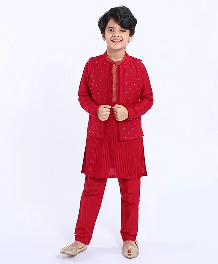 Pine Kids Pintuck Kurta With Printed Bandi Jacket & Pyjama - Red
