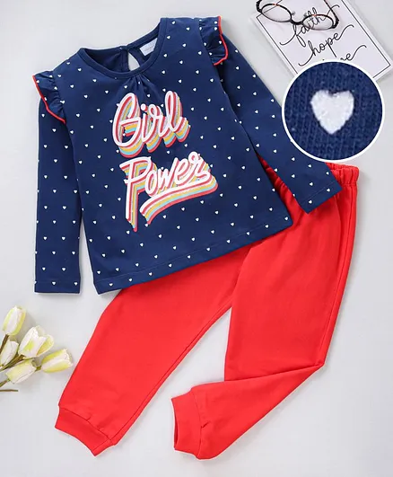 Ollington St. Full Sleeves Top and Lounge Pants Heart Print - Pink Navy