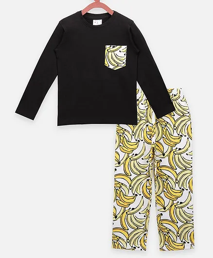 Lilpicks Couture Full Sleeves Banana Print Night Suit - Black