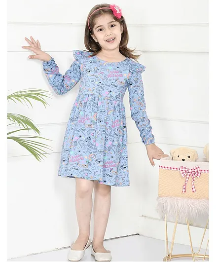 Lilpicks Couture Full Sleeves All Over Unicorn Print Dress - Blue