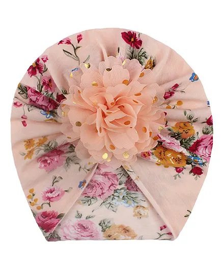SYGA Bow Turban Hat Floral Print Peach - Circumference 36 cm