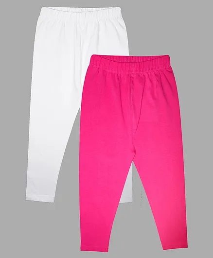 Kiddopanti Solid Ankle Length Lycra Pack Of 2 Leggings - White & Hot Pink