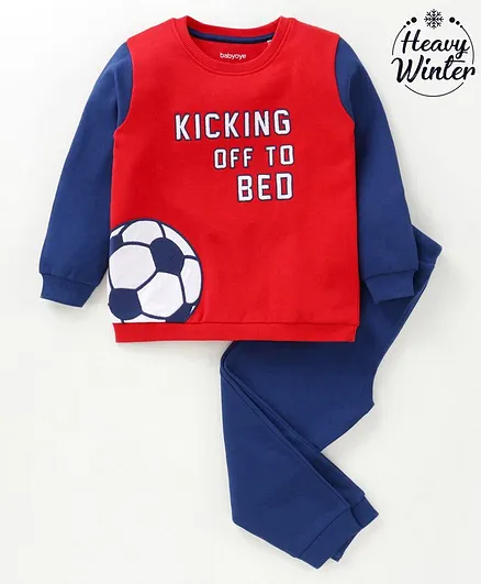 Babyoye Cotton Full Sleeves Winter Wear Night Suit Football Print- Red Navy