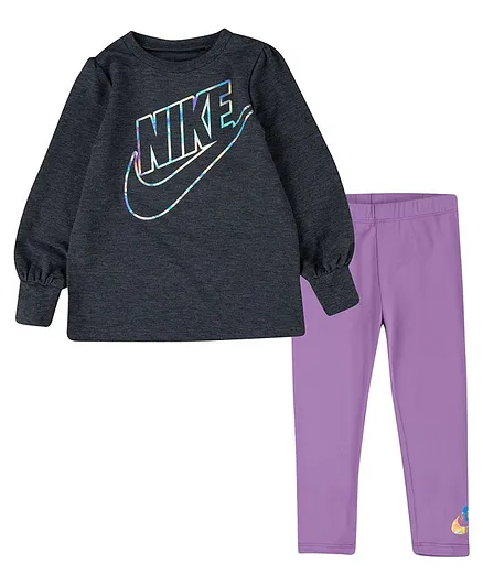 Nike Full Sleeves Logo Print Detailing Top With Leggings - Grey & Violet