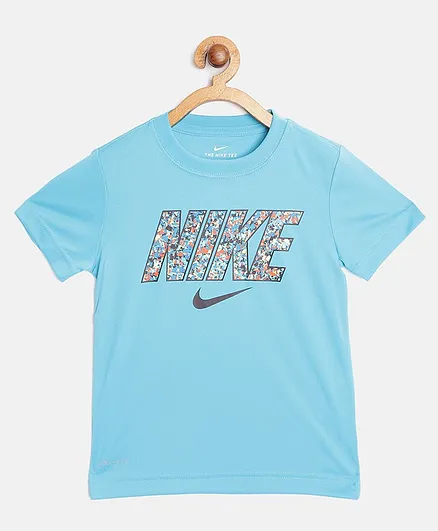 Nike Half Sleeves Confetti Brand Name Printed Dri Fit Tee - Light Blue