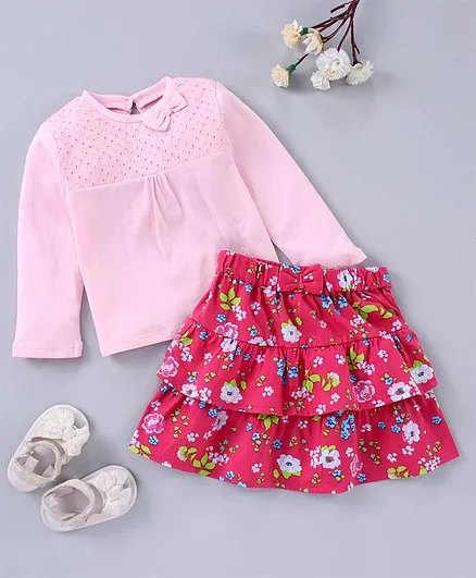 Babyhug Full Sleeves Top and Skirt Set with Bow Floral Print - Light and Dark Pink