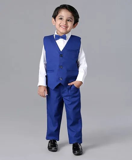 Babyhug Full Sleeves Party Suit with Bow Solid - White Blue