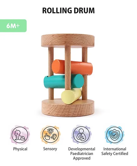 Intellibaby Wooden Rolling Drum Rattle Toy - Multicolor