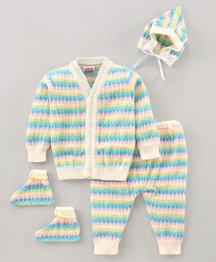 Babyhug Full Sleeves Sweater Set with Cap and Booties - Blue