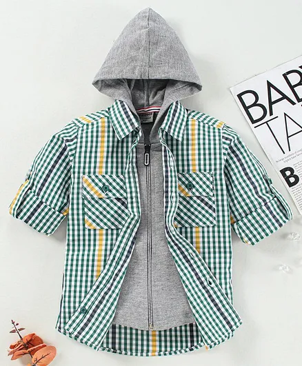 Rikidoos Full Sleeves Checked Hooded Shirt With Attached Tee - Green