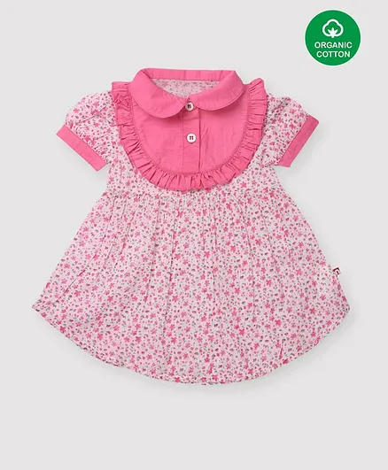 Nino Bambino 100% Organic Cotton Cap Sleeves Flower Print Apron Dress - Pink