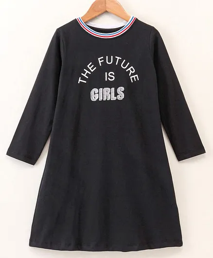 Pine Kids Full Sleeves Frock Text Graphic - Black