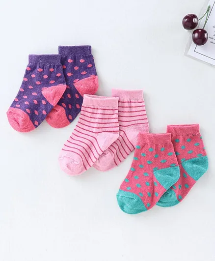 Cute Walk by Babyhug Ankle Length Antibacterial Socks Polka Dot Design Pack of 3 - Purple