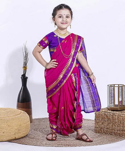 Bhartiya Paridhan Half Sleeves Blouse & Navari Sari - Pink Blue