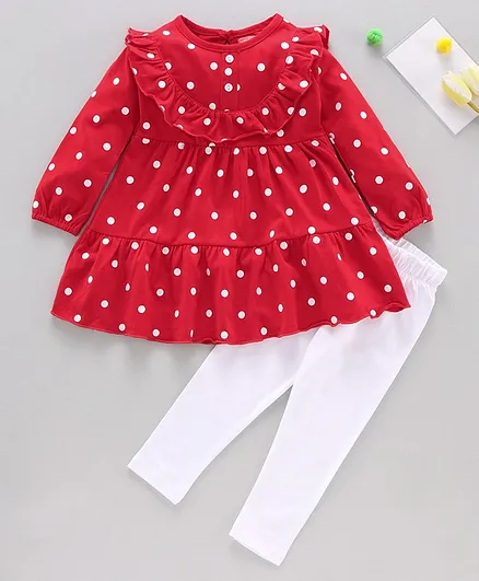Babyhug Full Sleeves Fit and Flare Frock with Leggings Polka Dot Print - Red White
