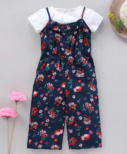 Babyhug Half Sleeves Jumpsuit with Inner Tee Floral Print - Navy