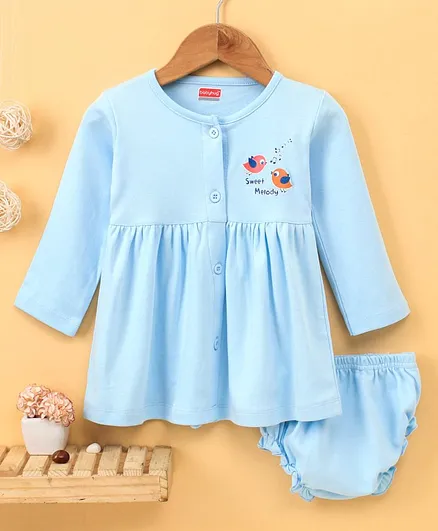 Babyhug Full Sleeves Fit and Flare Frock with Bloomer Birds Print - Light Blue