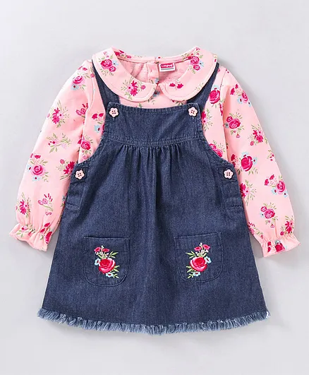 Babyhug Dungaree Style Frock With Inner Tee Floral Print - Blue