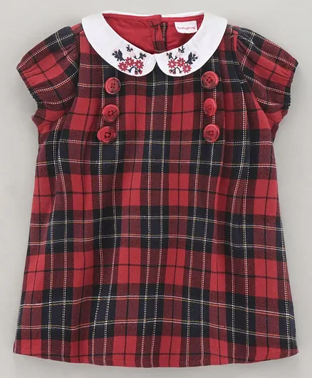 Babyhug Short Sleeves A-Line Yarn Dyed Frock Checked with Floral Embroidery - Multicolor