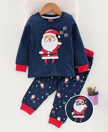 Babyhug Full Sleeves Pajama Set Santa Print - Blue