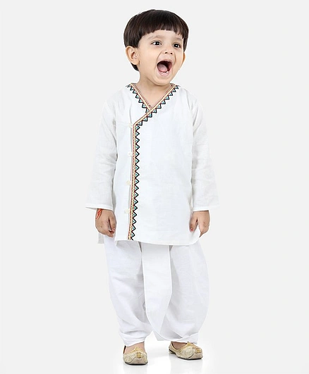 BownBee Full Sleeves Front Open Embroidered Kurta Dhoti Set - White