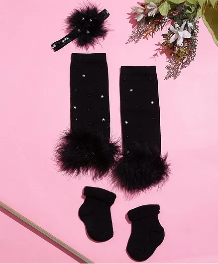 Tipy Tipy Tap Star Design Fur Leg Warmer With Socks And Headband Set Of 3 - Black