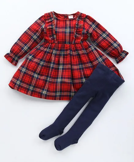Babyhug Yarn Dyed Checked Frock with Stockings - Multicolor
