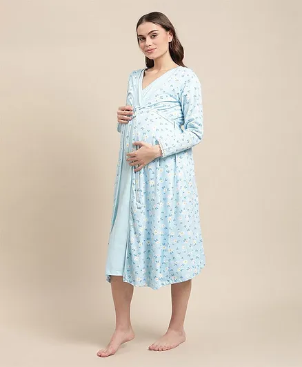 Bella Mama Full Sleeves Labour Gown Solid Color - Blue