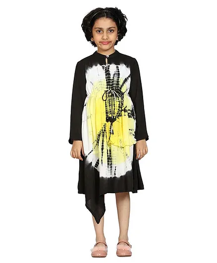 Kiddopanti Full Sleeves Asymmetrical Hem Tie Dye Dress - Black