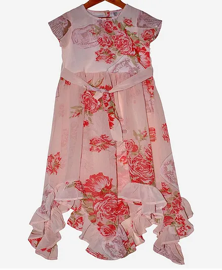 Kiddopanti Short Sleeves Rose Print Frilled Hem Dress - Pink