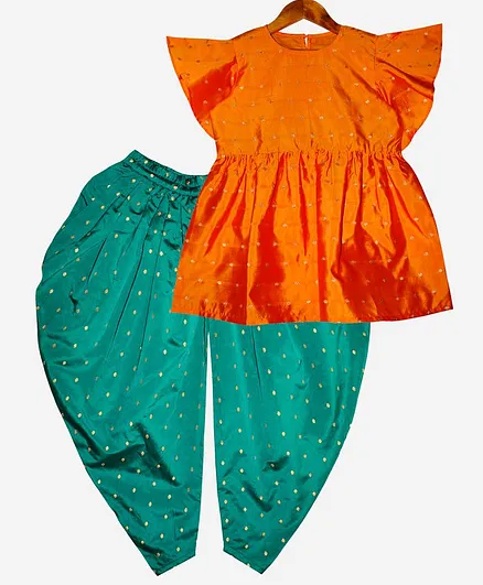 Kiddopanti Gold Dots Short Sleeves Top With Harem Pants - Orange