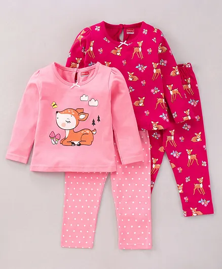 Babyhug Full Sleeves Cotton Nightwear Set Deer Print Pack of 2 - Multicolour