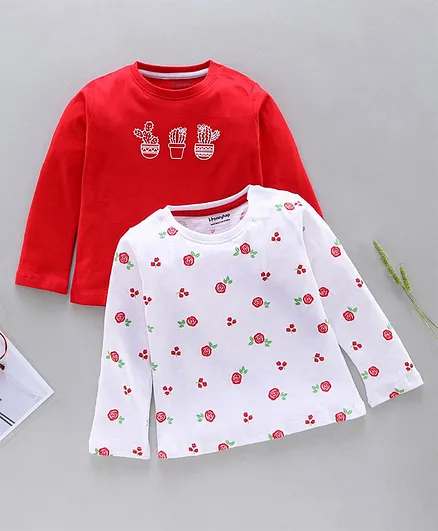 Honeyhap Full Sleeves Tops With Antimicrobial Silvadur Finish Floral Print Pack of 2 - Red & White
