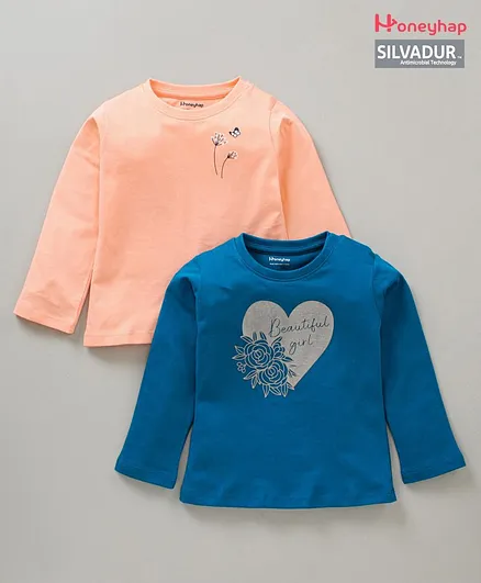 Honeyhap Full Sleeves Tops With Antimicrobial Silvadur Finish Heart Print Pack of 2 - Coral & Blue
