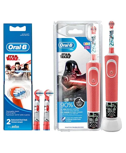 Oral-B Kids Electric Rechargeable Toothbrush Featuring Star Wars Characters - Red & Oral-B Kids Electric Rechargeable Star War Tooth Brush Heads Pack of 2 - Red & Blue