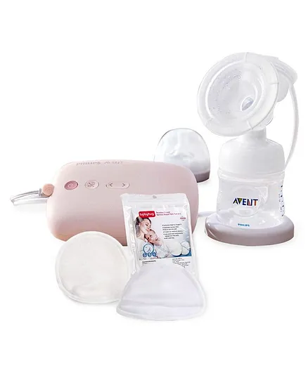Philips Avent Electric Breast Pump - White & Babyhug Reusable 3 Layer Bamboo Breast Pads - Pack of 6
