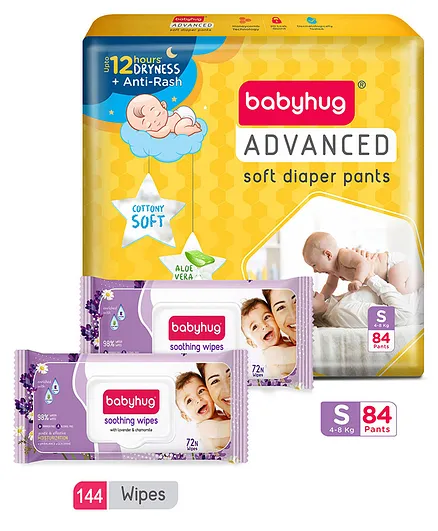 Babyhug Advanced Pant style Diaper S-84 Pieces and 2 Pack of Babyhug Soothing Lavender & Chamomile Wipes - 72's