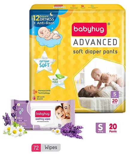 Babyhug Advanced Pant style Diaper S-20 Pieces and Babyhug Soothing Lavender & Chamomile Wipes - 72's