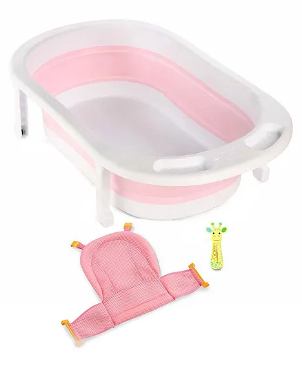 Medium Size Folding Baby Bath Tub with Drain Plug - Pink
