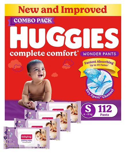 Huggies Wonder Pants Small Pant Style Diapers Pack of 2 - 56 Pieces each & Babyhug Soothing Lavender & Chamomile Wipes - 72 Pieces - (Pack of 4)
