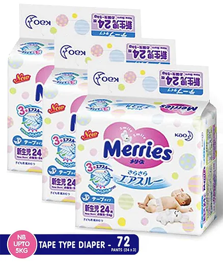 Merries Tape Diapers New Born - 24 Pieces - (Pack of 3)