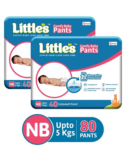 Little's Comfy Baby Pants Diapers New Born Size with Wetness Indicator and 12 hours Absorption, NB (40 count) - (Pack of 2)