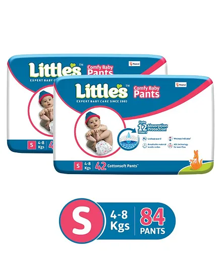 Little's Comfy Baby Pants Diapers Small Size with Wetness Indicator and 12 hours Absorption, S (42 Count) - (Pack of 2)