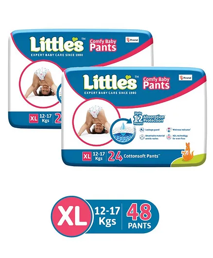 Little's Comfy Baby Pants Diapers Extra Large Size with Wetness Indicator and 12 hours Absorption, XL  (24 Pieces) - (Pack of 2)