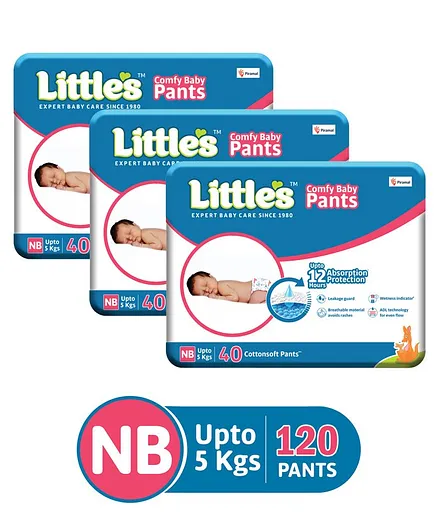 Little's Comfy Baby Pants Diapers New Born Size with Wetness Indicator and 12 hours Absorption, NB (40 count) - (Pack of 3)